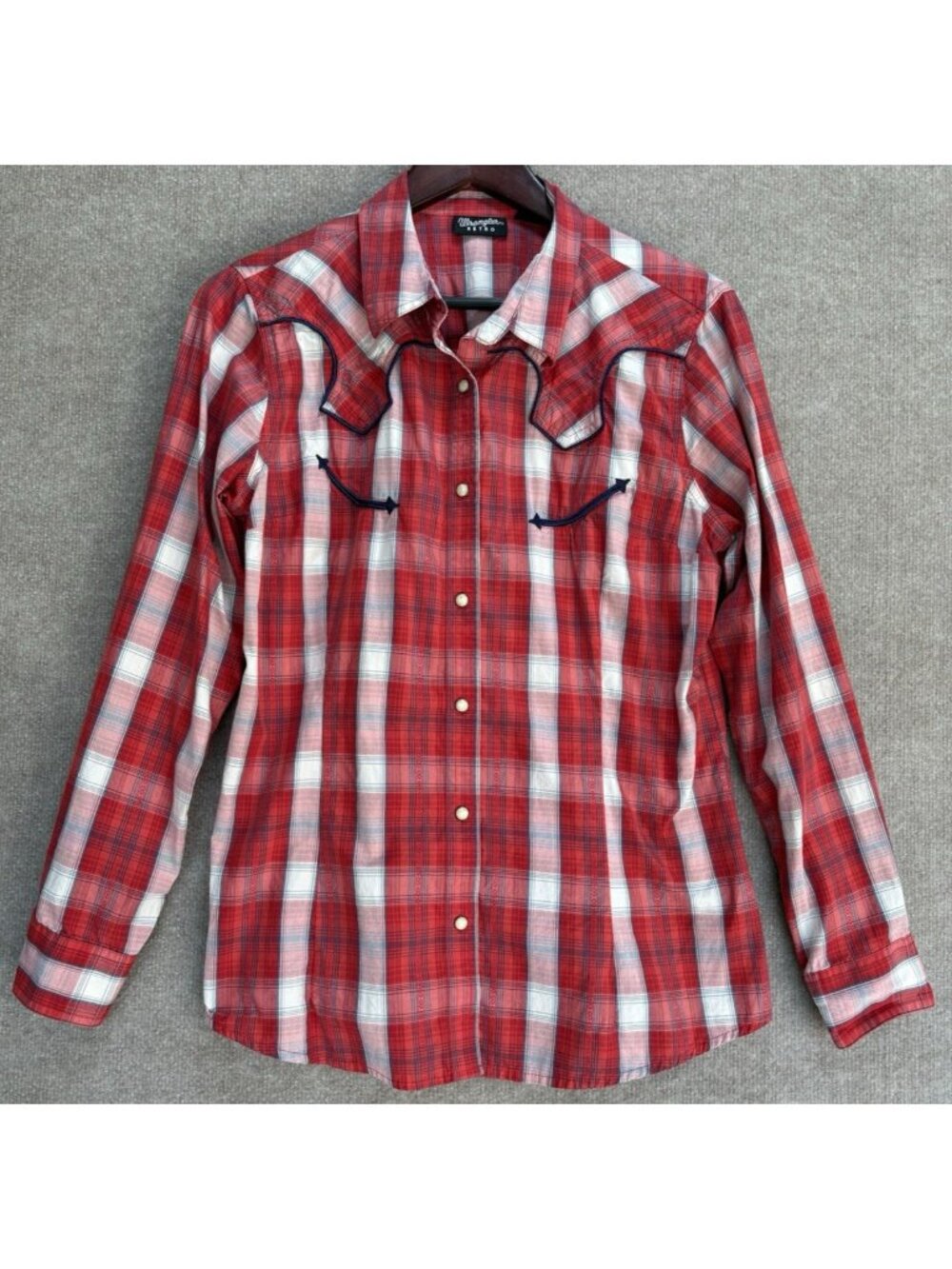 Vtg Wrangler Retro Men's Large Shirt Plaid Western Snap Pearl Cowboy Red White